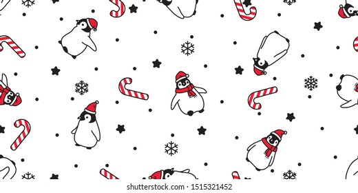 penguin seamless pattern Christmas vector Santa Claus hat candy cane scarf isolated repeat wallpaper tile background cartoon character illustration design