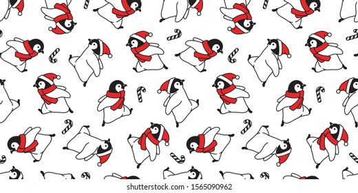 penguin seamless pattern Christmas vector Santa Claus hat scarf isolated running repeat wallpaper tile background cartoon illustration doodle design