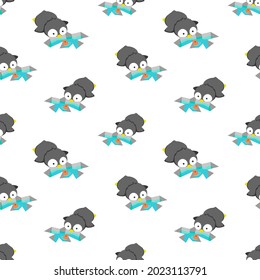 Penguin seamless pattern cute baby animal looks at the fish