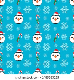 Penguin seamless pattern. Cute penguins isolated pattern on blue with white snow background.