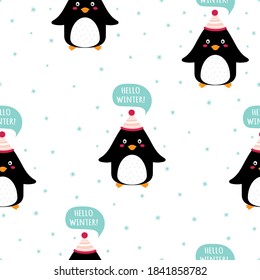 penguin seamless pattern, cute penguins print isolated on white snowflake background, vector illustration with lettering hello winter
