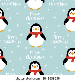 penguin seamless pattern, cute penguins isolated pattern on blue with white snowflakes background, vector illustration