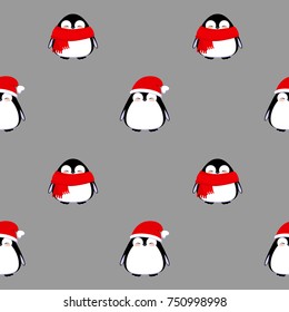 Penguin seamless pattern. Cute penguins isolated pattern on grey background.