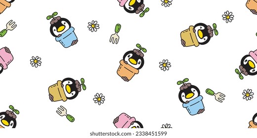 penguin seamless pattern flower daisy plant pot shovel hand fork bird duck cartoon vector gift wrapping paper repeat wallpaper tile background illustration scarf isolated design