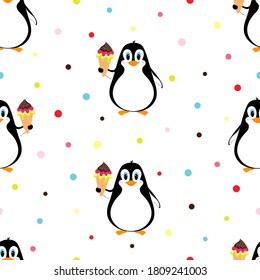 penguin seamless pattern, funny animal with ice cream isolated on white background, winter animals, vector illustration