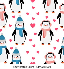 Penguin seamless pattern. Funny cartoon arctic animal. Children's style. Valentine's Day. Vector illustration.