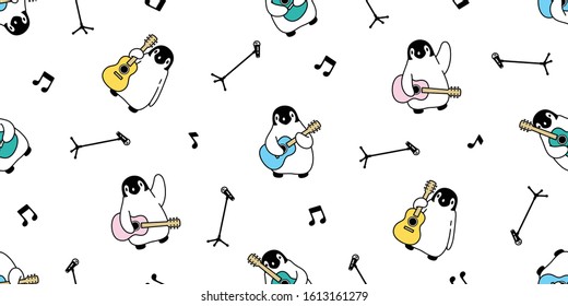 penguin Seamless pattern guitar vector music bass musician ukulele bird cartoon scarf isolated tile background repeat wallpaper illustration doodle design