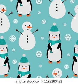 Penguin seamless pattern. Merry Christmas and happy New Year. Cartoon penguin with snowman. Vector illustration.