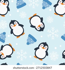 Padrão sem costura pinguim com floco de neve e chapéu de gorro. Pode ser usado para papel de parede, papel de embalagem, tecido de moda, decoração tema de inverno