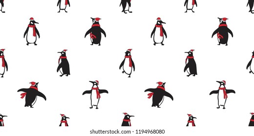 penguin Seamless pattern vector Christmas Santa Claus Hat Xmas bear polar salmon fish cartoon scarf isolated tile background repeat wallpaper illustration