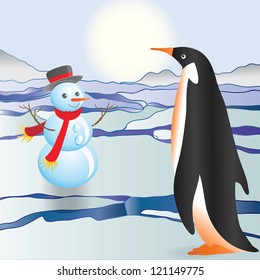 The penguin sees a snowman. Vector illustration