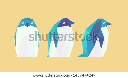 Penguin. Set of Blue Penguins on Yellow Background. Low Poly Vector 3D Rendering