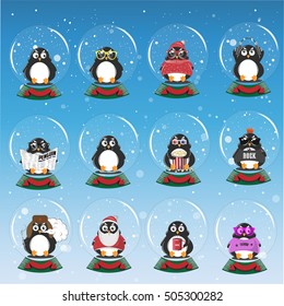 Penguin Set. Christmas. Vector Illustration