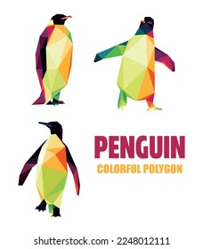 Penguin Set in Colorful low poly polygonal. Cute Walking Penguin Icon in abstract colorful logo. Vector abstract of penguin collection