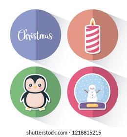 penguin with set icons of christmas