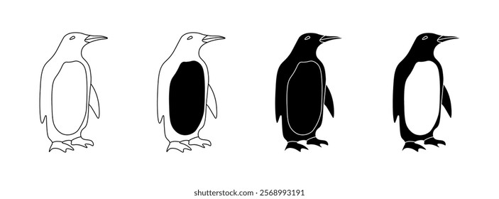 Penguin set icons. Linear and silhouette style. Vector icons.