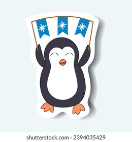 Penguin of the set in sticker style. Highlighting of the jolly holiday season with this adorable Christmas penguin character sticker, all set for the holidays in colorful style. Vector illustration.