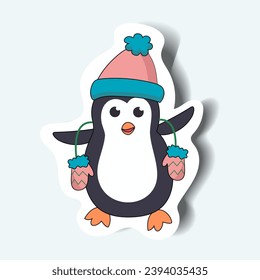 Penguin of the set in sticker style. This charming little penguin is all set for the holidays, complete with a hat, gloves and cheerful demeanor. Vector illustration.