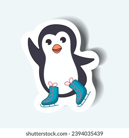 Penguin of the set in sticker style. This delightful penguin character sticker with playful and colorful design adds a dash of merriment to Christmas celebrations. Vector illustration.