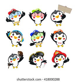 Penguin set vector, cute penguins collection, cute penguins collection set isolated on white background.