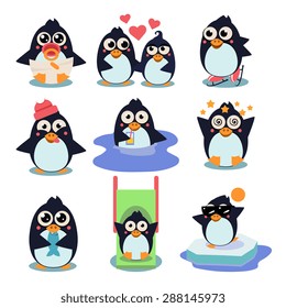 Penguin set vector illustration, with penguins in different situations like dancing, fishing, winter, swimming, eating, in love collection.