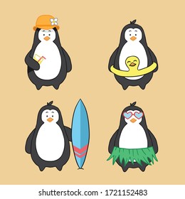 Penguin Set Vector Summer Hand Drawn Premium Character