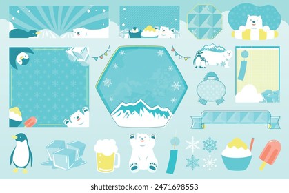 Penguin and Shirokuma summer frames set: cool ice and ice illustrations.