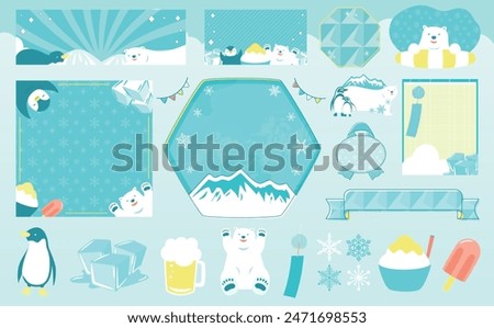 Penguin and Shirokuma summer frames set: cool ice and ice illustrations.
