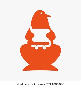 Penguin Shopping Cart Logo Negative Space Concept Vector Template. Penguin Holding Shopping Cart Symbol