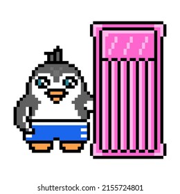 Penguin In Shorts With A Pink Inflatable Pool Mattress, Pixel Art Animal Character, White Background. Old School Retro 80's, 90's 8 Bit Slot Machine,video Game Graphics. Summer Holiday Cartoon Mascot.