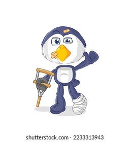 the penguin sick with limping stick. cartoon mascot vector