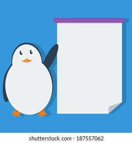 Penguin and the sign in a flat design