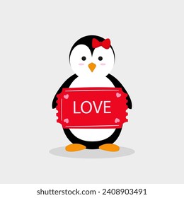 Penguin with a sign of love, for Valentine's Day. Vector illustration