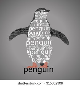 Penguin silhouette is made up of text. Animal design idea