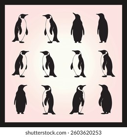 Penguin silhouette set Clipart on a hex color background