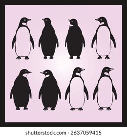 Penguin silhouette set Clipart on a hex color background