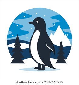 Pinguin Silhouette in schneebedeckter Landschaft Logo, Vektorgrafik