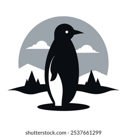 Pinguin Silhouette in schneebedeckter Landschaft Logo, Vektorgrafik