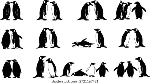 Colección de Vector de silueta de pingüino, poses en blanco y negro, interacción de aves, tema de naturaleza, ilustración de vida silvestre, diseño ártico, gráficos de comportamiento animal