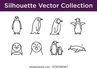 Colección de Vector de la silueta del pingüino aislada en el fondo blanco
