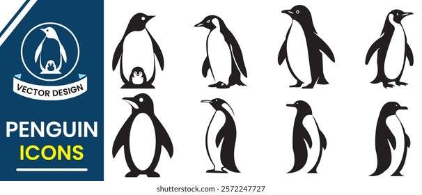 Penguin silhouette vector icon set design. Penguin icon, mascot, logo design. Penguin vector illustration.