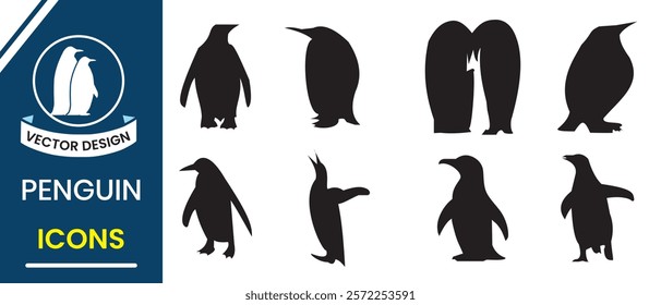 Penguin silhouette vector icon set design. Flightless bird vector, Penguin icon, mascot, logo design. Penguin vector illustration.