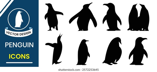 Penguin silhouette vector icon set design. Flightless bird vector, Penguin icon, mascot, logo design. Penguin vector illustration.