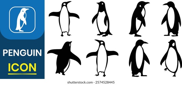 Penguin silhouette vector icon. Set of penguin, vector, Different pose walking and skating, logistic, logo industry,  snow, flat, style. Penguin Simple icons vector illustration.