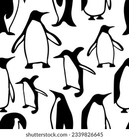 Penguin silhouettes, black and white seamless background, textile, decor.