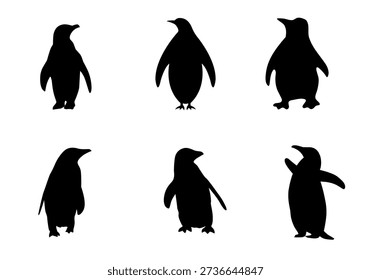 Penguin Silhouettes Collection. Cute Antarctic Bird Actions. Black Animal Icons Set