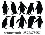 Penguin silhouettes set isolated flat vector illustration on white background.