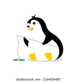 Penguin sitting fishing in the hole. Mascot cartoon vector illustration.