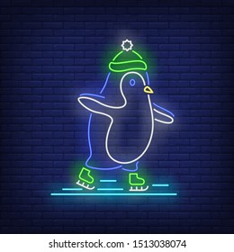 Penguin in skates neon sign. Bird, penguin, winter. Night bright advertisement. Vector illustration in neon style for banner, billboard