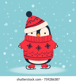 Penguin skating cartoon illustration. Penguin in sweater and hat